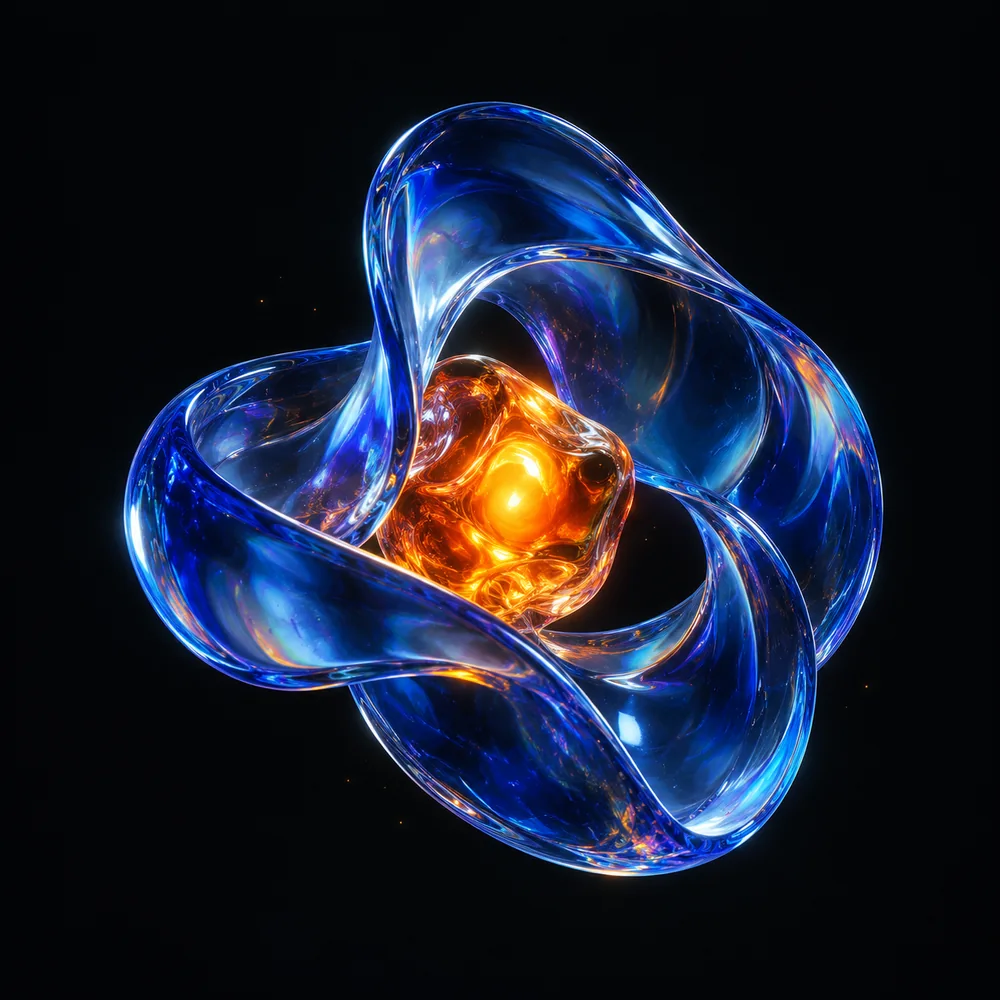A flowing cobalt glass sculpture wrapped around a glowing orange core